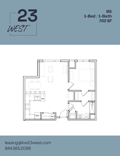Floor plan for 1 bed, 1 bath, 702 sqft